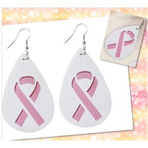 NWT Breast Cancer Awareness White Pink Ribbon Teardrop Earrings